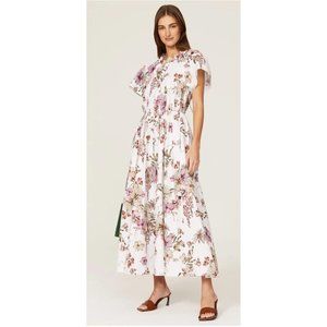 Rtr midi sz 12 Adam Lippes pink floral shirred tie waist cap sleeve dress pleat